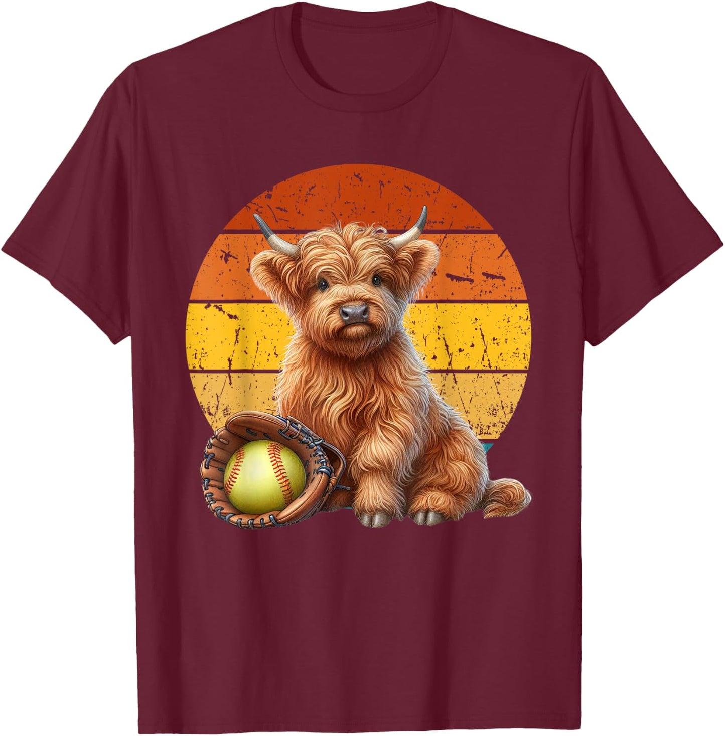 Cute Highland Cow Softball , Retro Sunset Softball T-Shirt - T-Shirt | Maroon