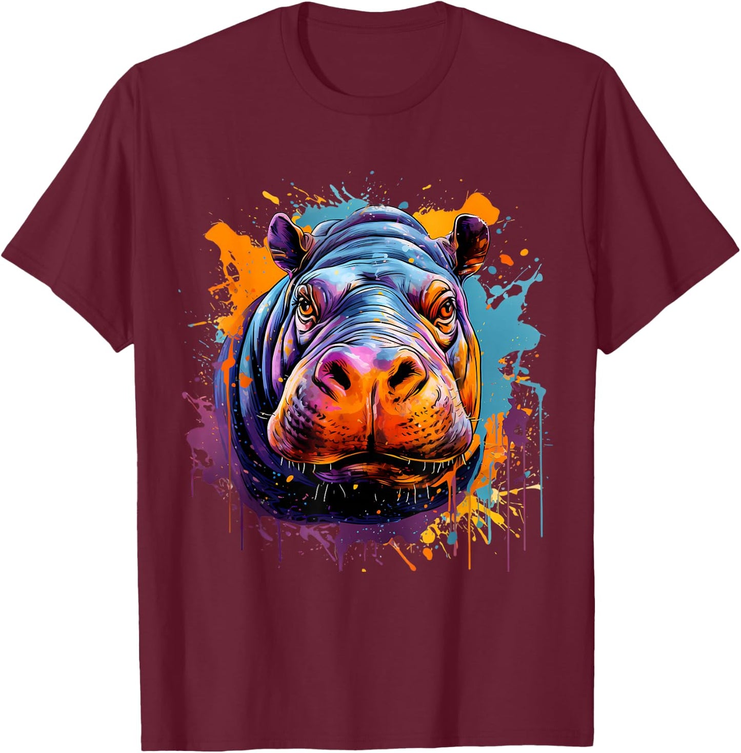 Hippo Hippopotamus Nature Portrait Colourful Splash Artwork T-Shirt - T-Shirt | Maroon