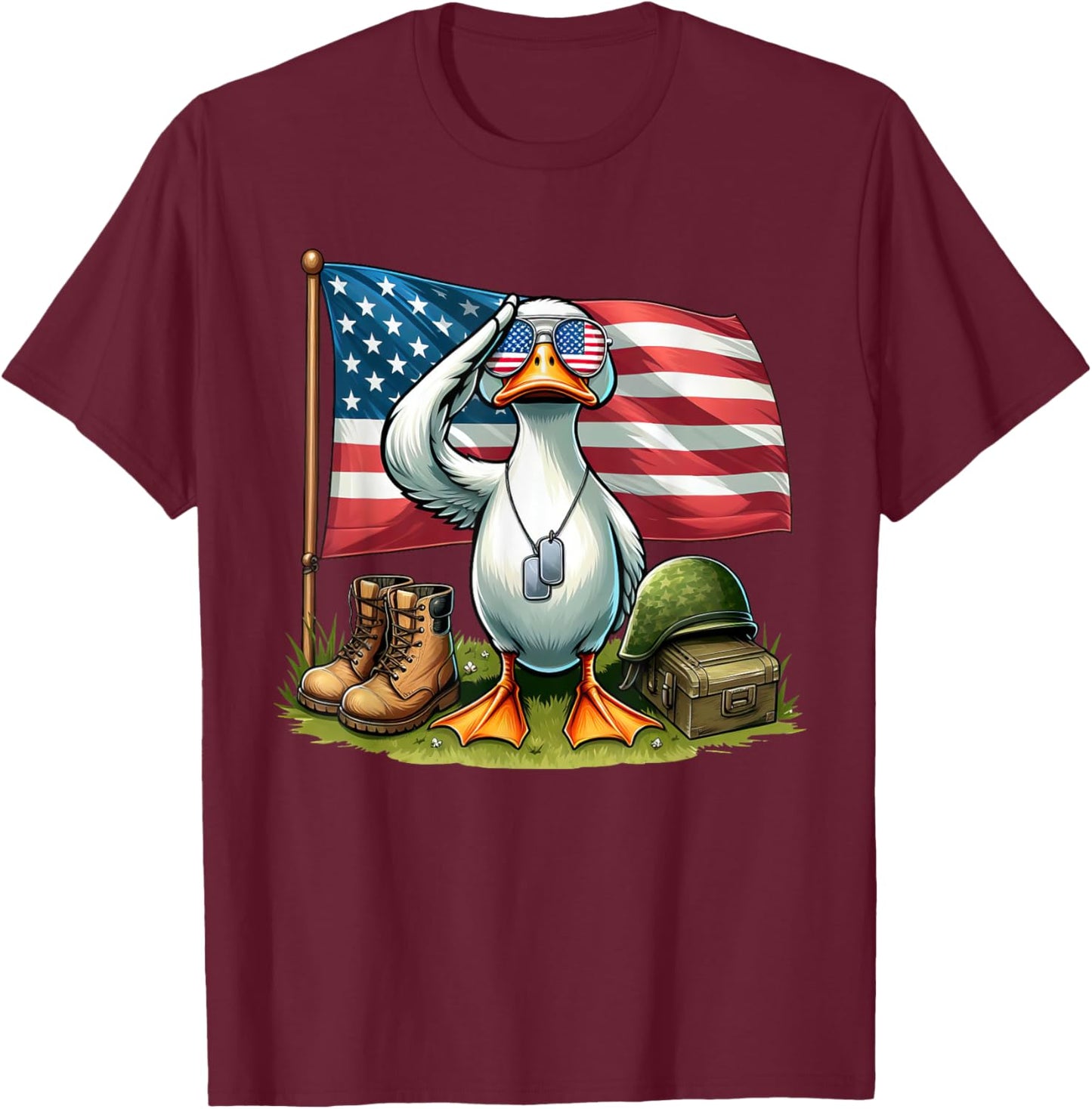 Salute Duck American USA Flag Memorial Day 4th of July Women Kids Men T-Shirt - T-Shirt | Maroon