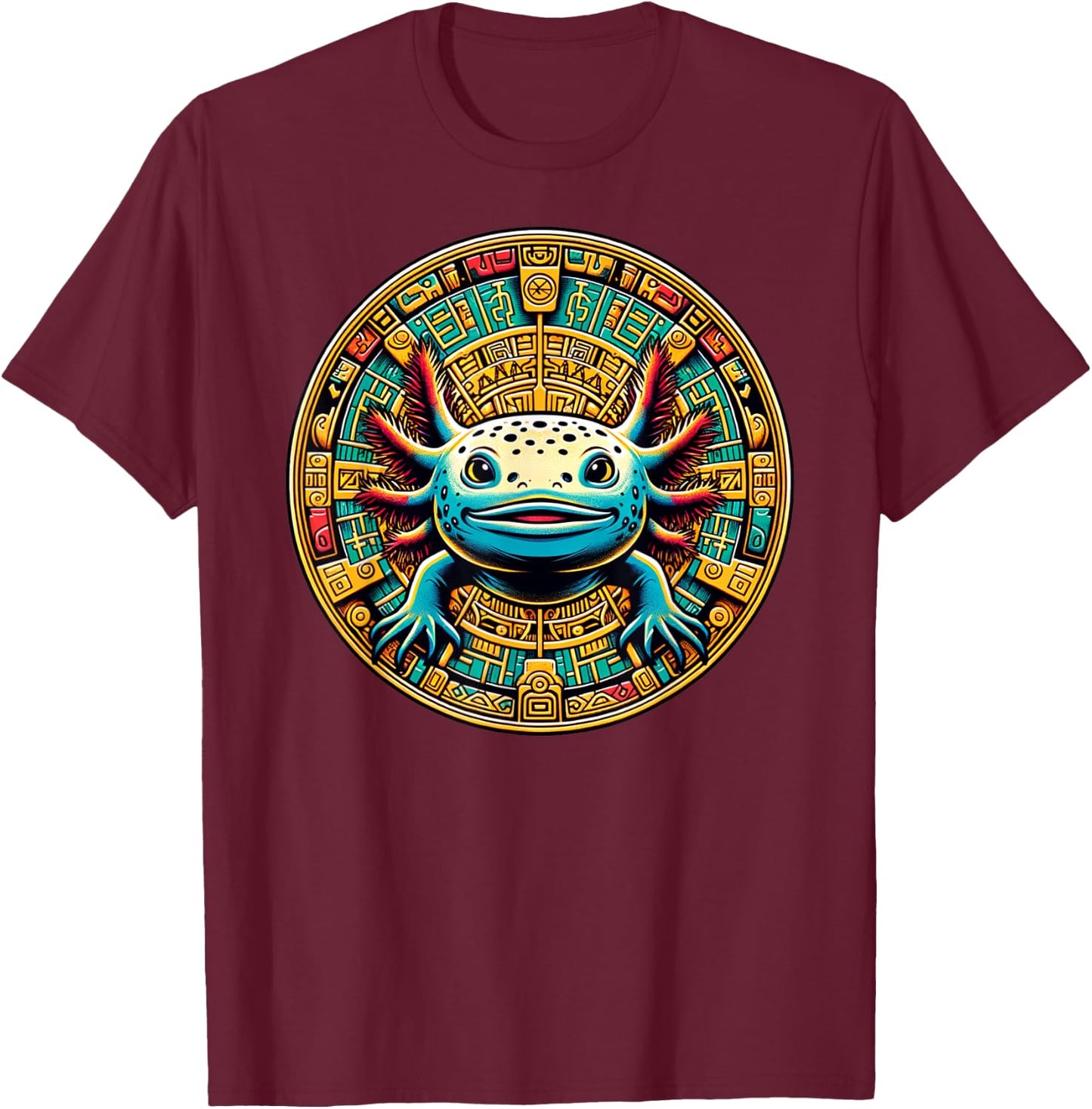 Aztec Art And Mexican Hispanic Heritage, Salamander Axolotl T-Shirt - T-Shirt | Maroon