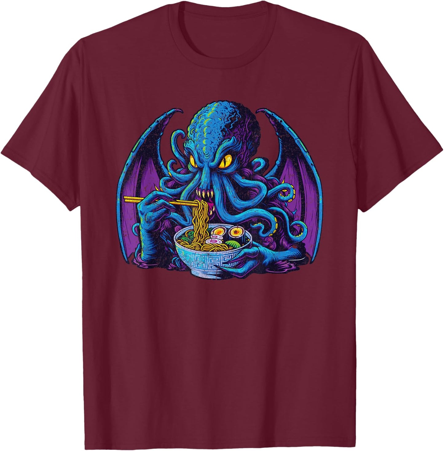 Ramen Cthulhu Japanese Ukiyo-e Horror Art Anime Funny T-Shirt - T-Shirt | Maroon
