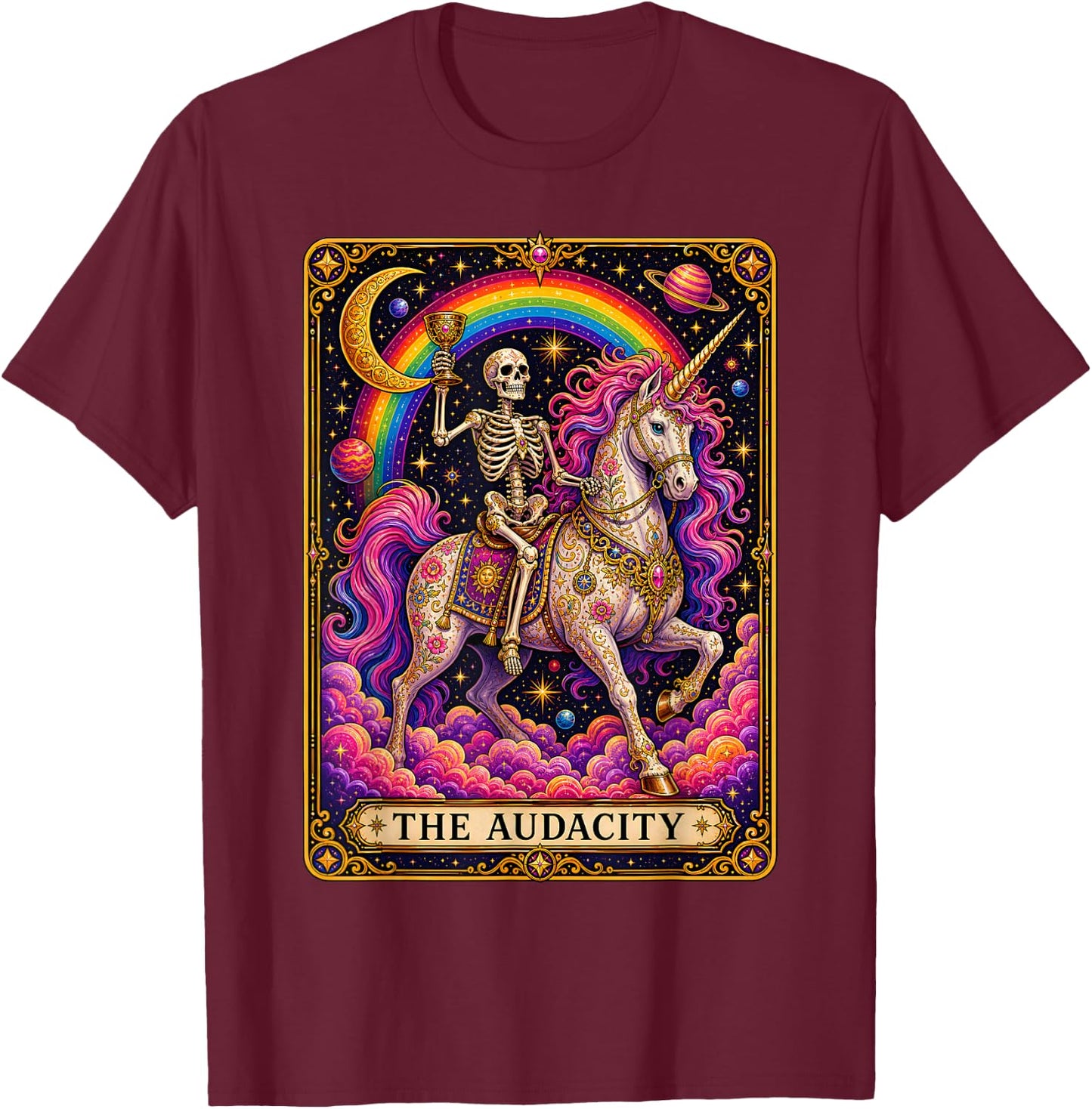 Tarot Card The Audacity Rainbow Skeleton Unicorn Lover T-Shirt - T-Shirt | Maroon