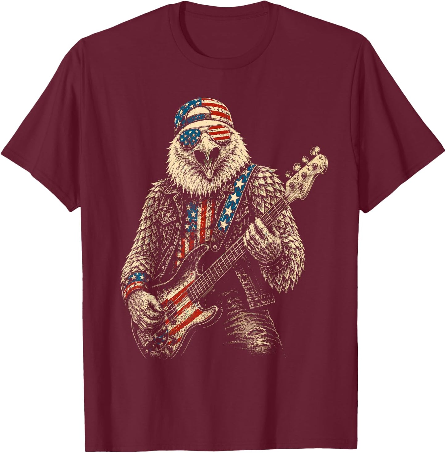 4th of July Patriotic Eagle Bass Guitar 1776 2026 T-Shirt - T-Shirt | Maroon