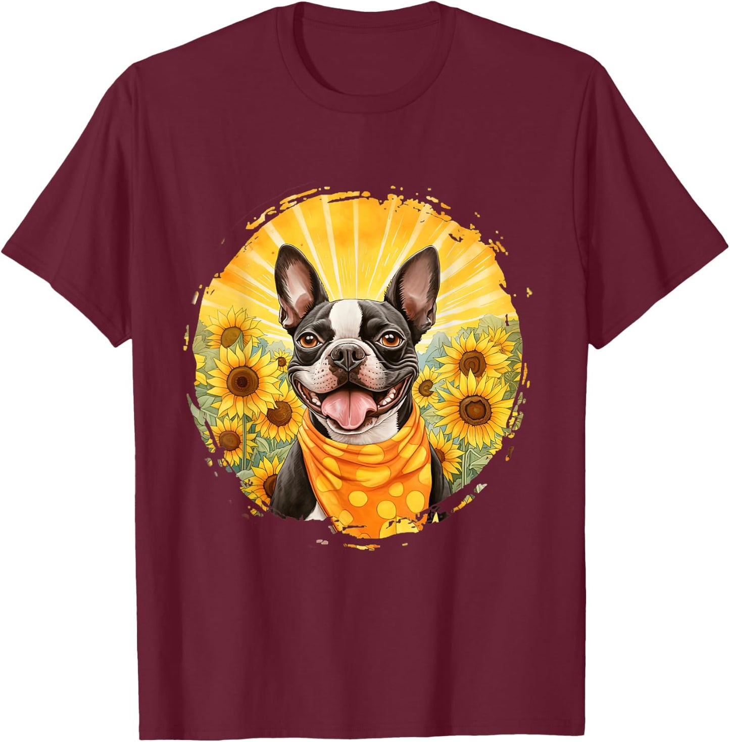 Boston Terrier Dog Vintage Bandana Headband Sunflower Field Men Women T-Shirt - T-Shirt | Maroon