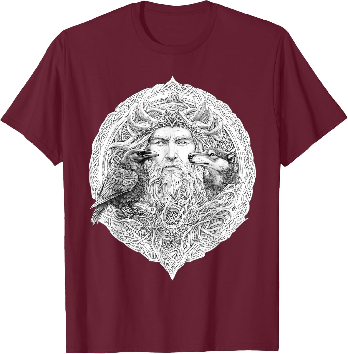 Odin Celtic Viking with Wolf and Odins Raven Valhalla Pagan T-Shirt - T-Shirt | Maroon
