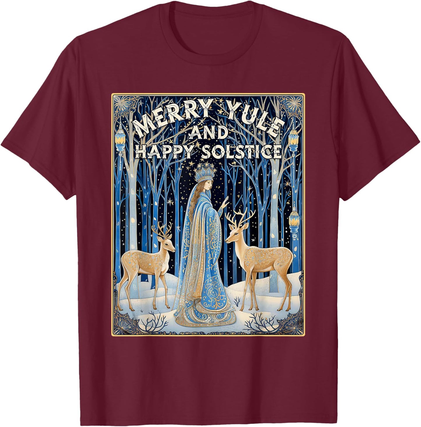 Merry Yule And Happy Winter Solstice Deer Christmas Gothic T-Shirt - T-Shirt | Maroon