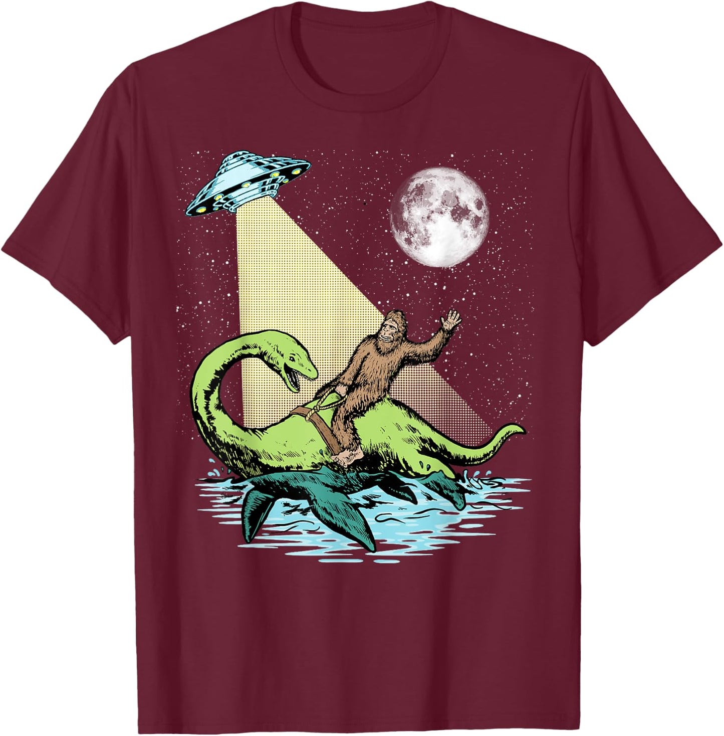 Bigfoot Riding Nessie & UFO Aliens At Night Funny Retro T-Shirt - T-Shirt | Maroon