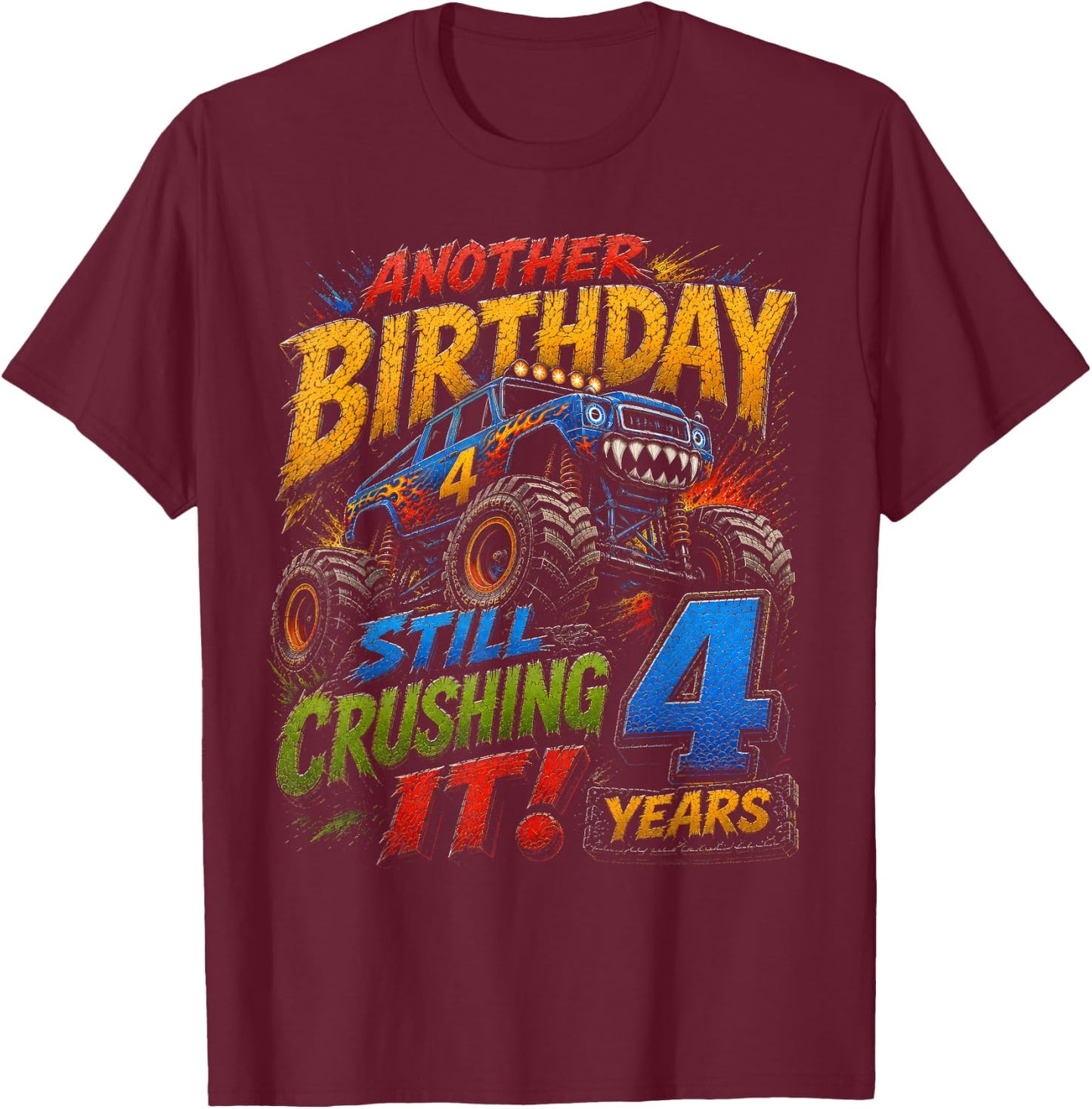 Monster Truck 4th Birthday 4 Year Old Boy Truck Lover T-Shirt - T-Shirt | Maroon