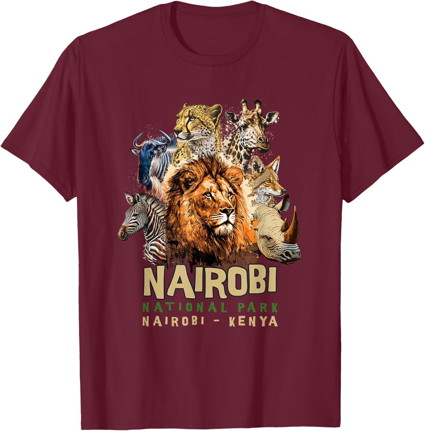 Animals in African Nairobi National Park Safari Kenya T-Shirt - T-Shirt | Maroon