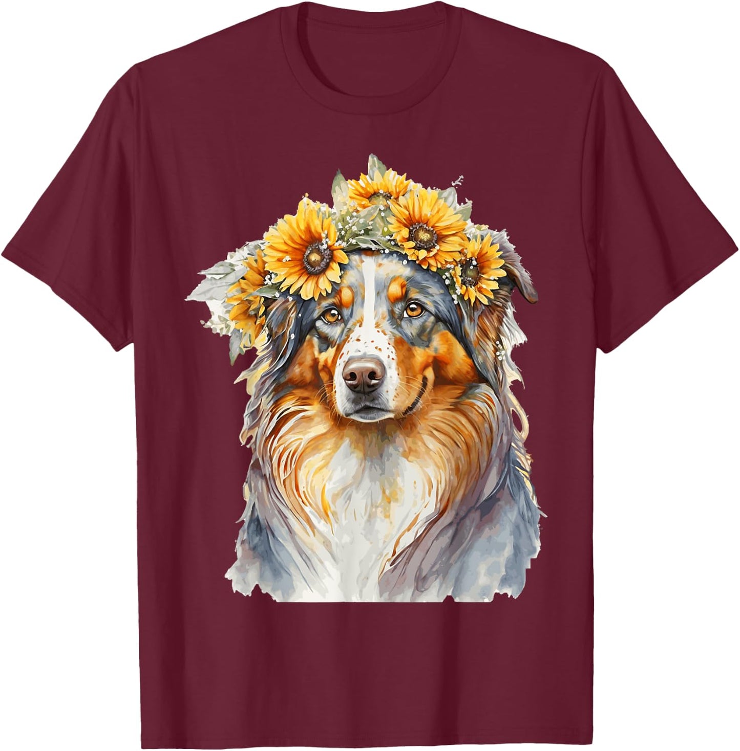 Watercolor Aussie Australian Shepherd Sunflower Dog Pet T-Shirt - T-Shirt | Maroon