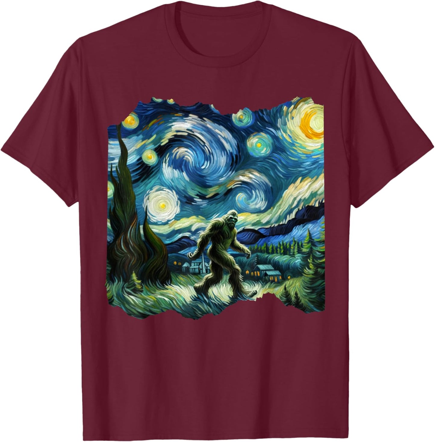 Bigfoot Sasquatch Van Gogh Art Painting Star Sky Night T-Shirt - T-Shirt | Maroon