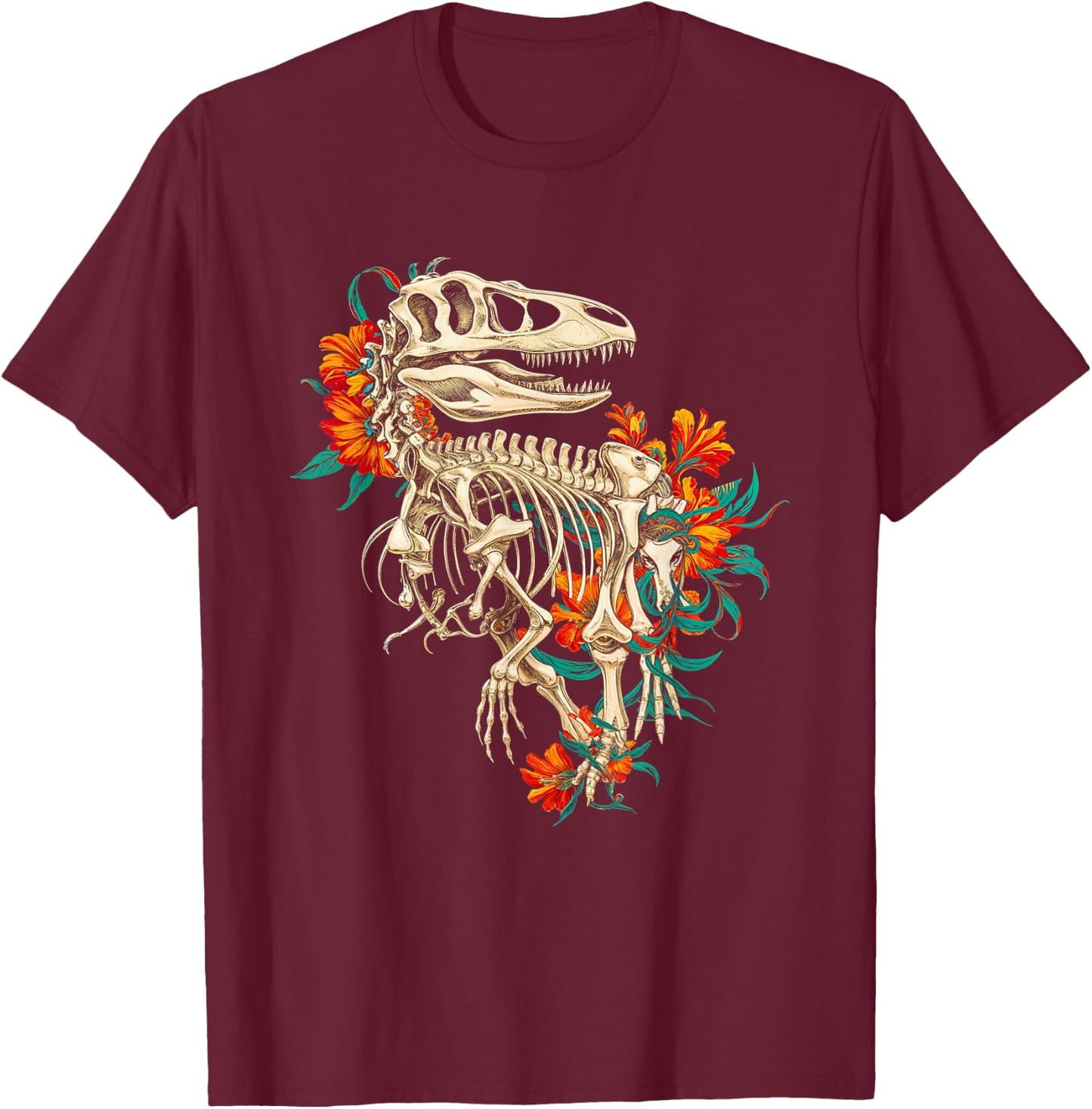 Rex Skeleton Dinosaur Floral Bones Paleontology Art T-Shirt - T-Shirt | Maroon