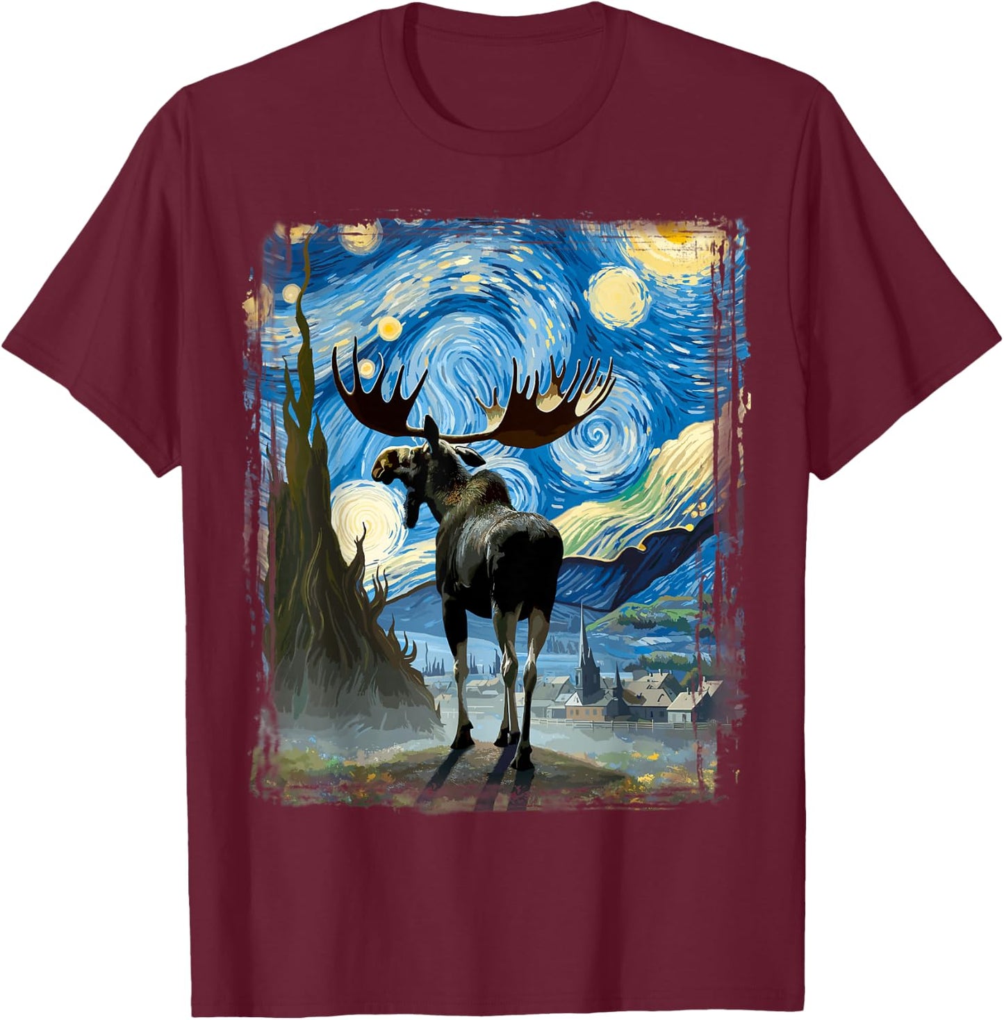 Moose Star Gazer Artistic Van Gogh Style Starry Night Moose T-Shirt - T-Shirt | Maroon