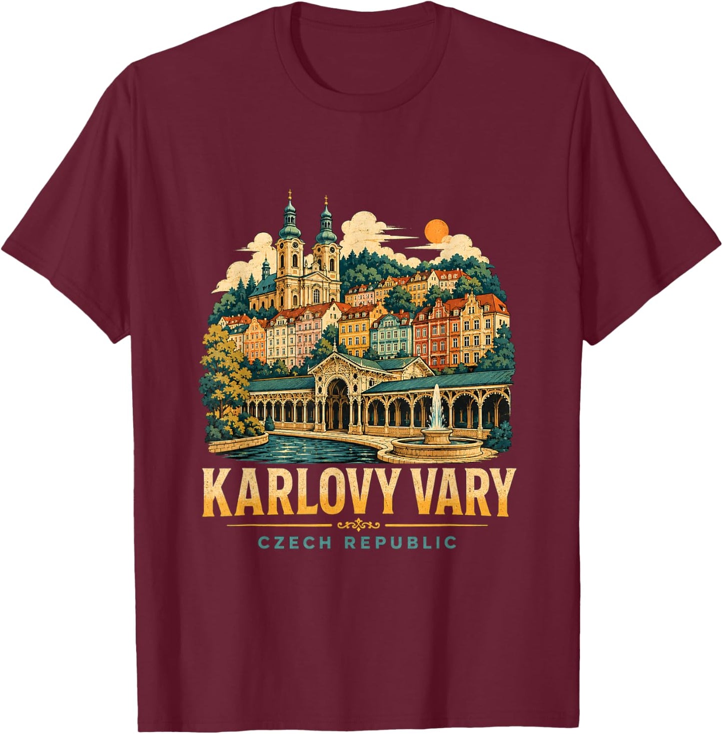 Vintage Karlovy Vary Czech Republic Travel Landmark Gift T-Shirt - T-Shirt | Maroon