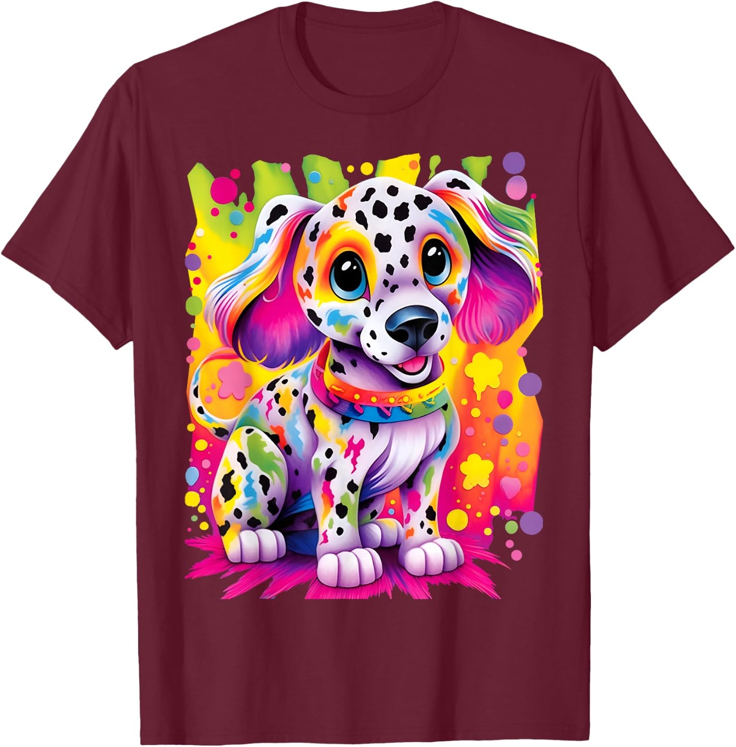Little Dalmatian Puppy Colorful Rainbow Vibrant Graphic T-Shirt - T-Shirt | Maroon