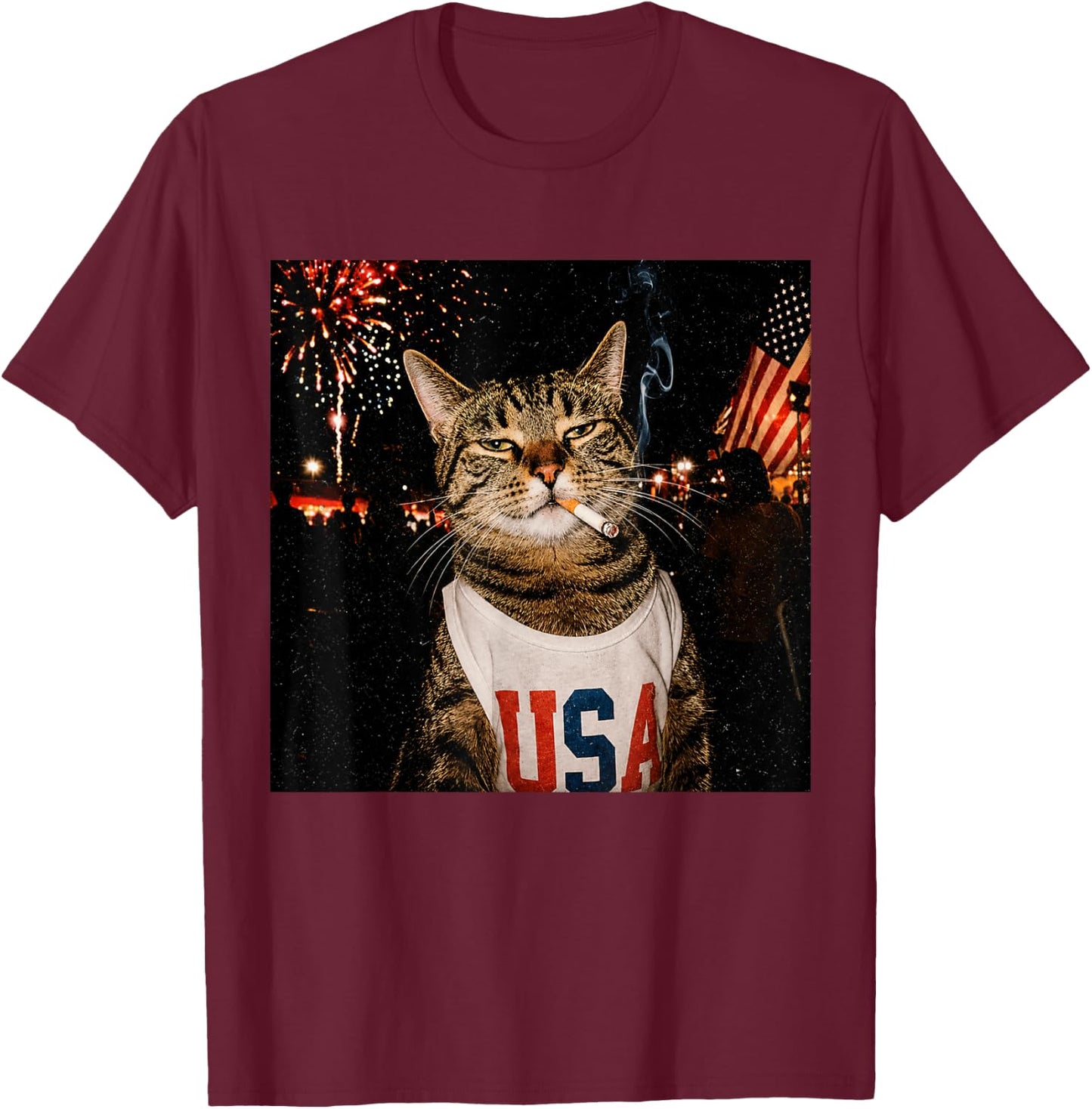 Patriotic Smoking Cat USA 4th of July Funny Cat Lover T-Shirt - T-Shirt | Maroon