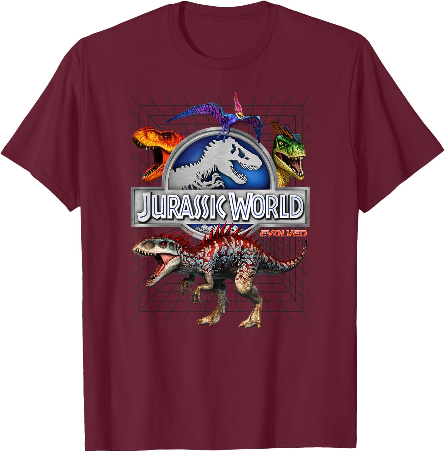 Jurassic World Evolved Dino Grid T-Rex T-Shirt - T-Shirt | Maroon