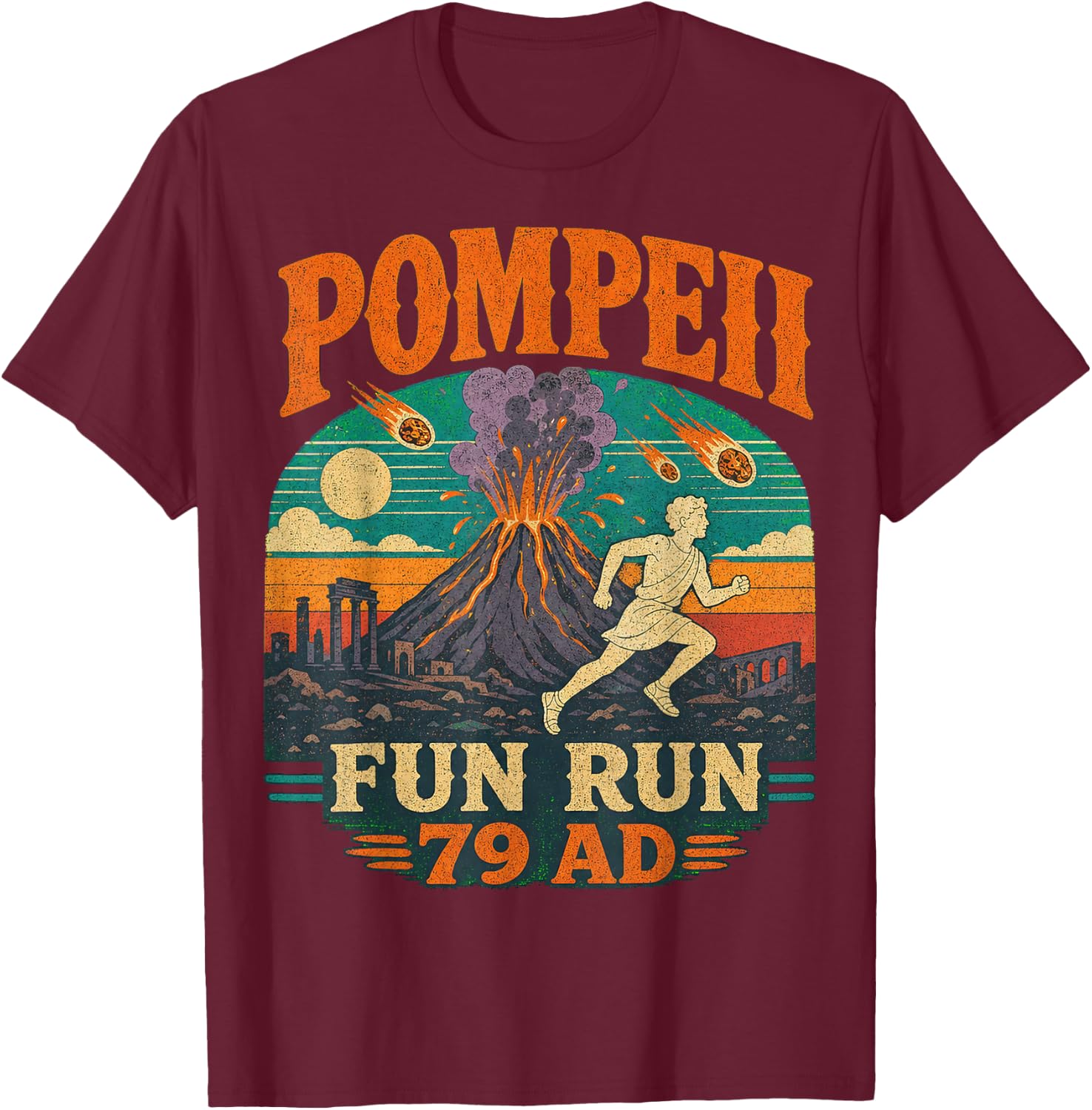 Pompeii Fun Run Vintage Volcano Illustration T-Shirt - T-Shirt | Maroon
