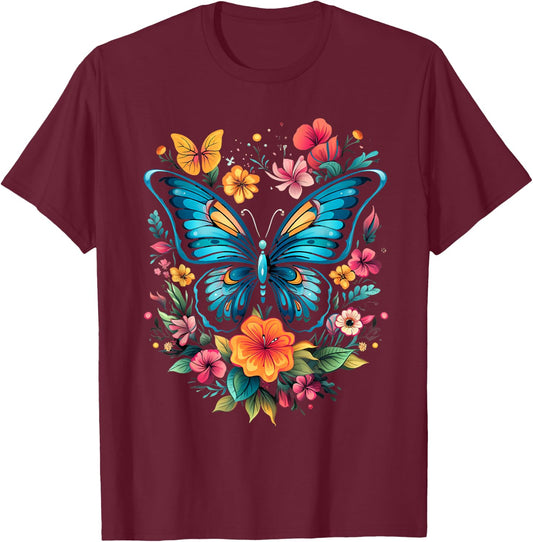 Butterfly with Flowers I Aesthetic Butterfly T-Shirt - T-Shirt | Maroon