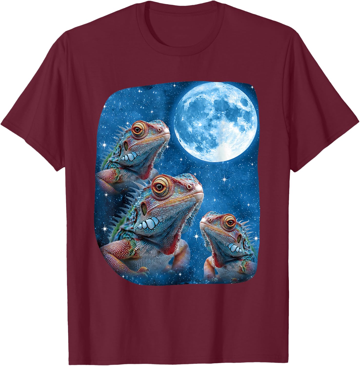 Iguana Lizard Howling At The Space Moon Night Starry Sky T-Shirt - T-Shirt | Maroon