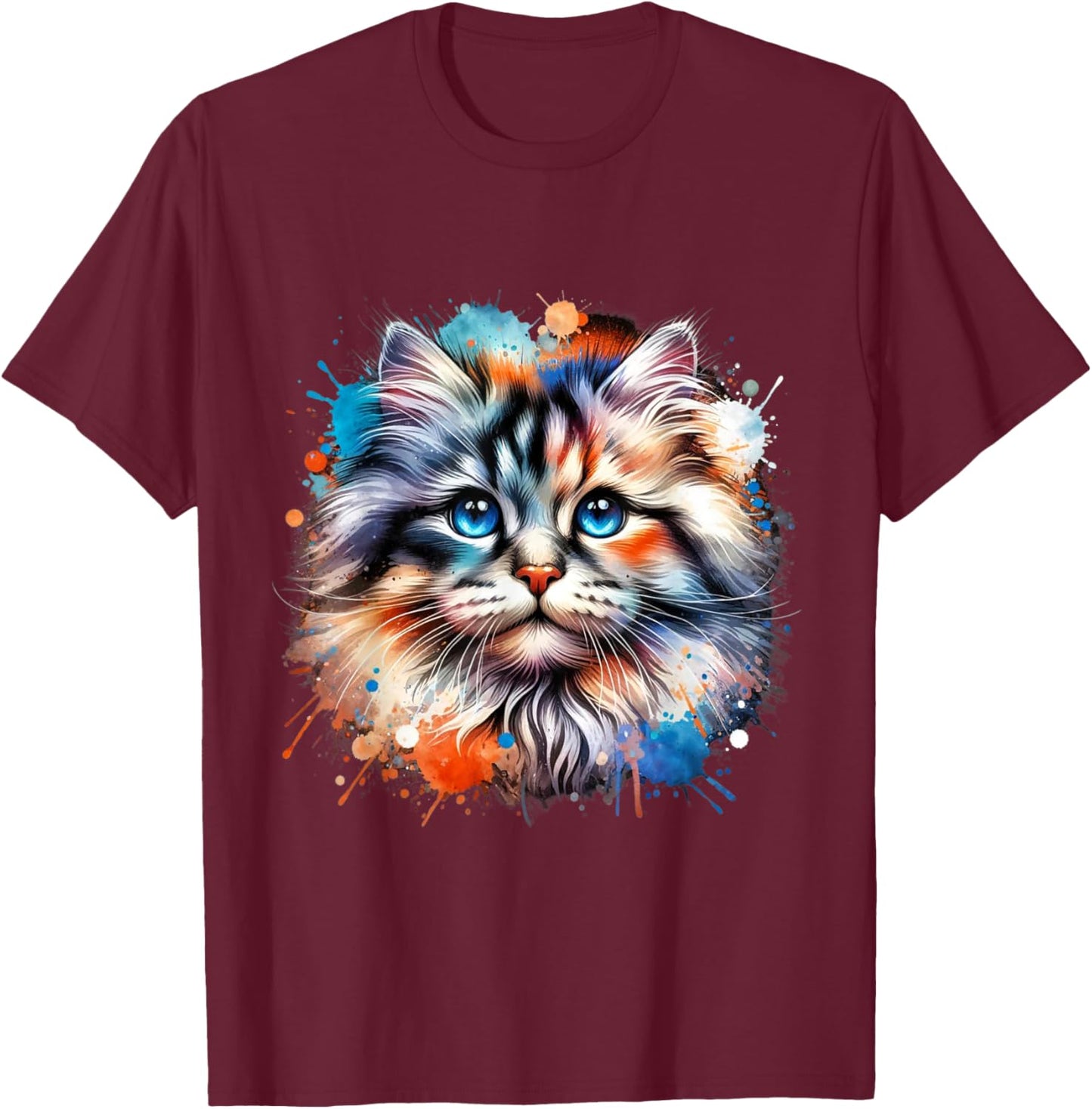 Watercolor Cat Art | Colorful Cat Design Cat Portrait T-Shirt - T-Shirt | Maroon