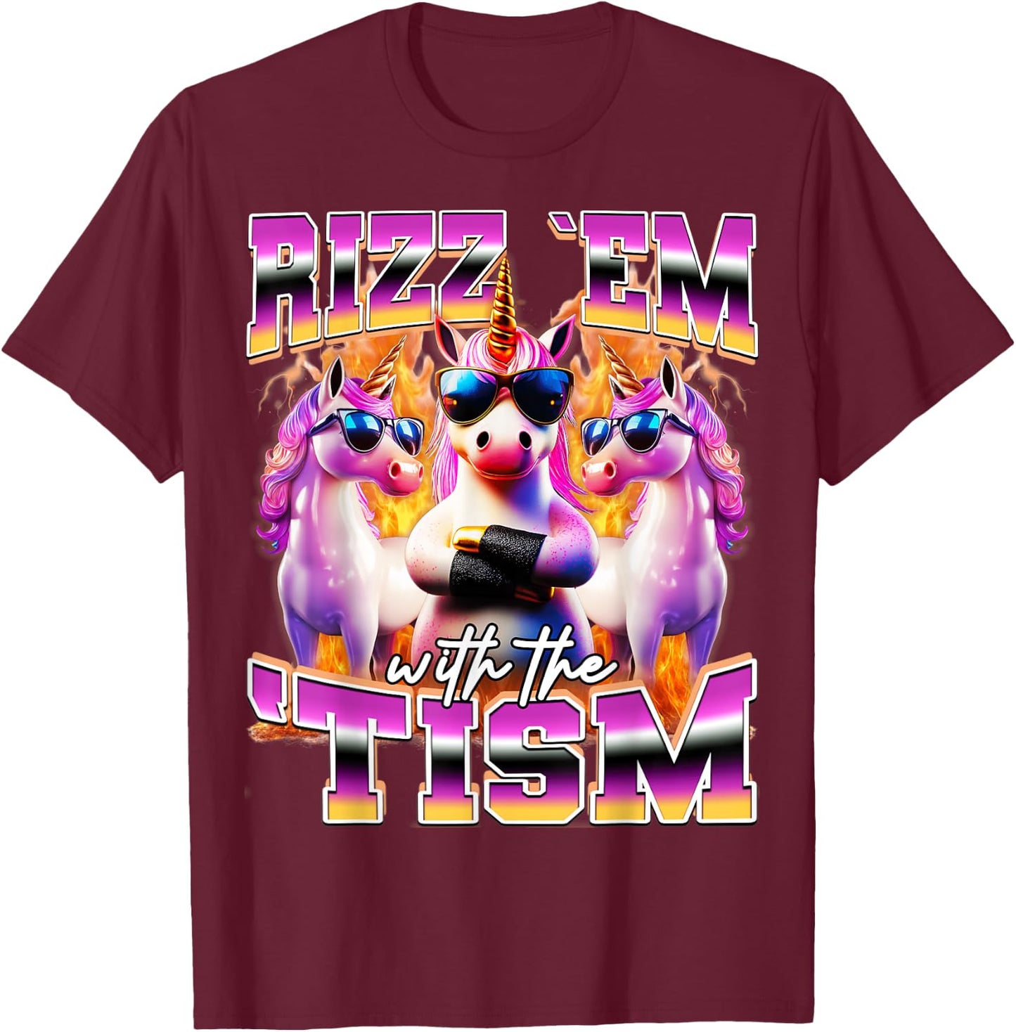 Rizz em With The Tism Funny Unicorn Sunglasses Meme Bootleg T-Shirt - T-Shirt | Maroon