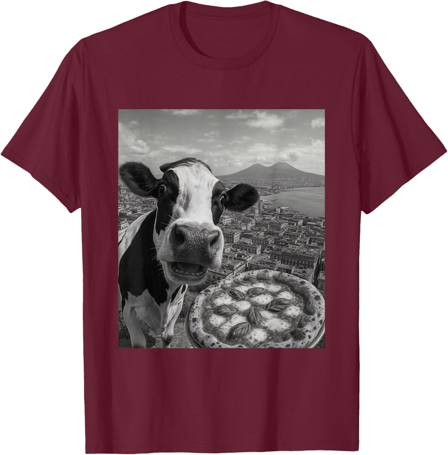 Cow Pizza Selfie Funny Italy Meme Design T-Shirt - T-Shirt | Maroon
