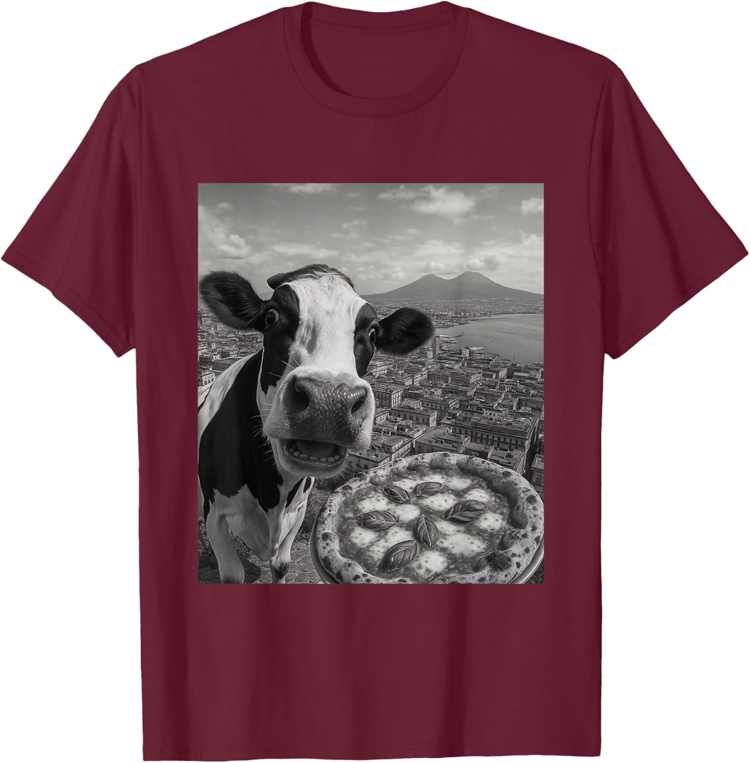 Cow Pizza Selfie Funny Italy Meme Design T-Shirt - T-Shirt | Maroon