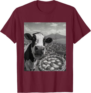 Cow Pizza Selfie Funny Italy Meme Design T-Shirt - T-Shirt | Maroon