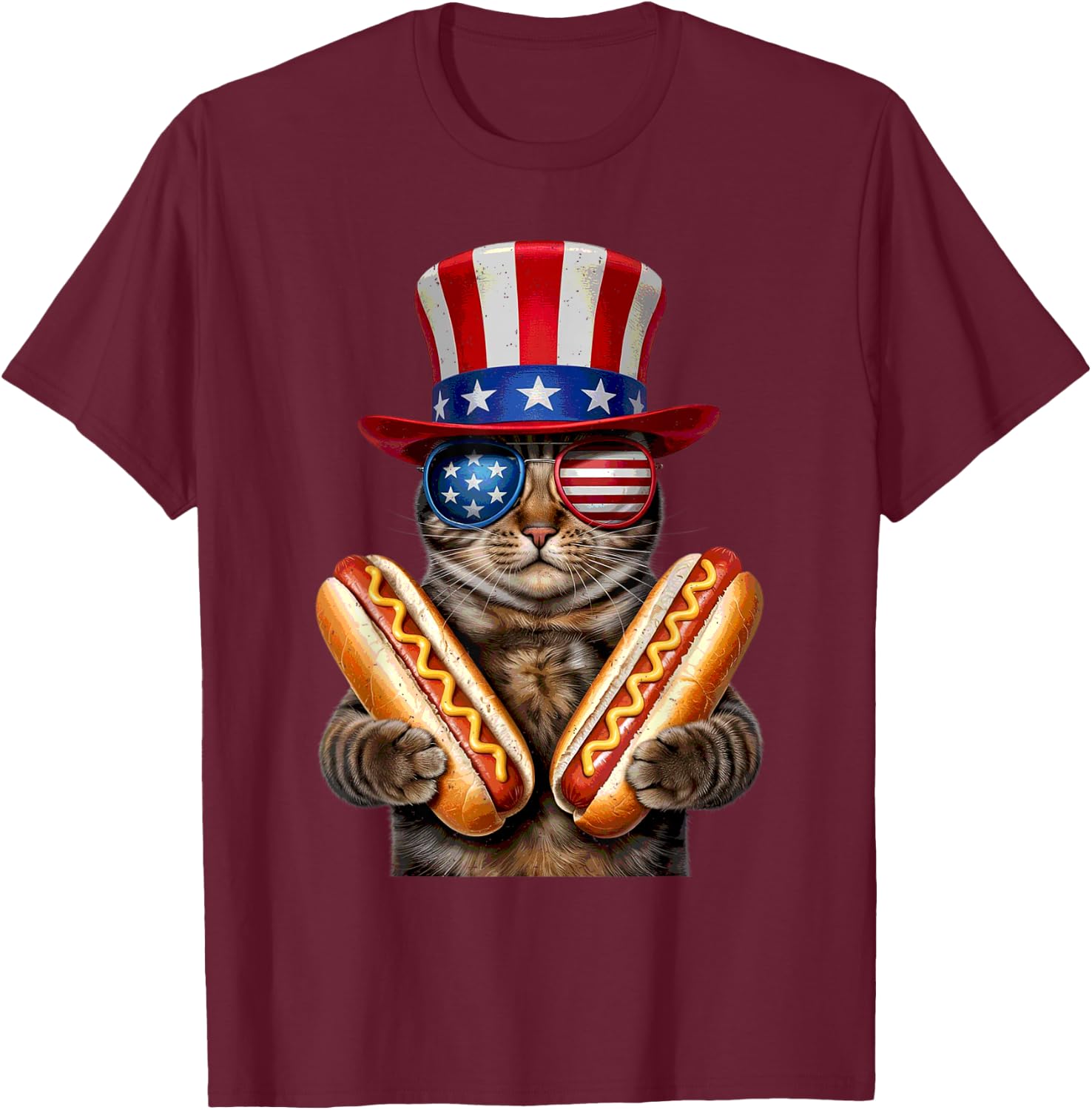 Cat Eating Hotdog 4th Of July American Flag Kitten Lover T-Shirt - T-Shirt | Maroon
