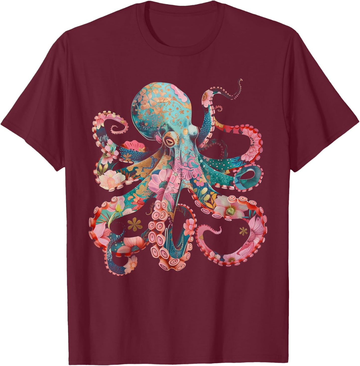 Octopus Floral Vintage Flowers Squid Kraken Scuba Diving T-Shirt - T-Shirt | Maroon
