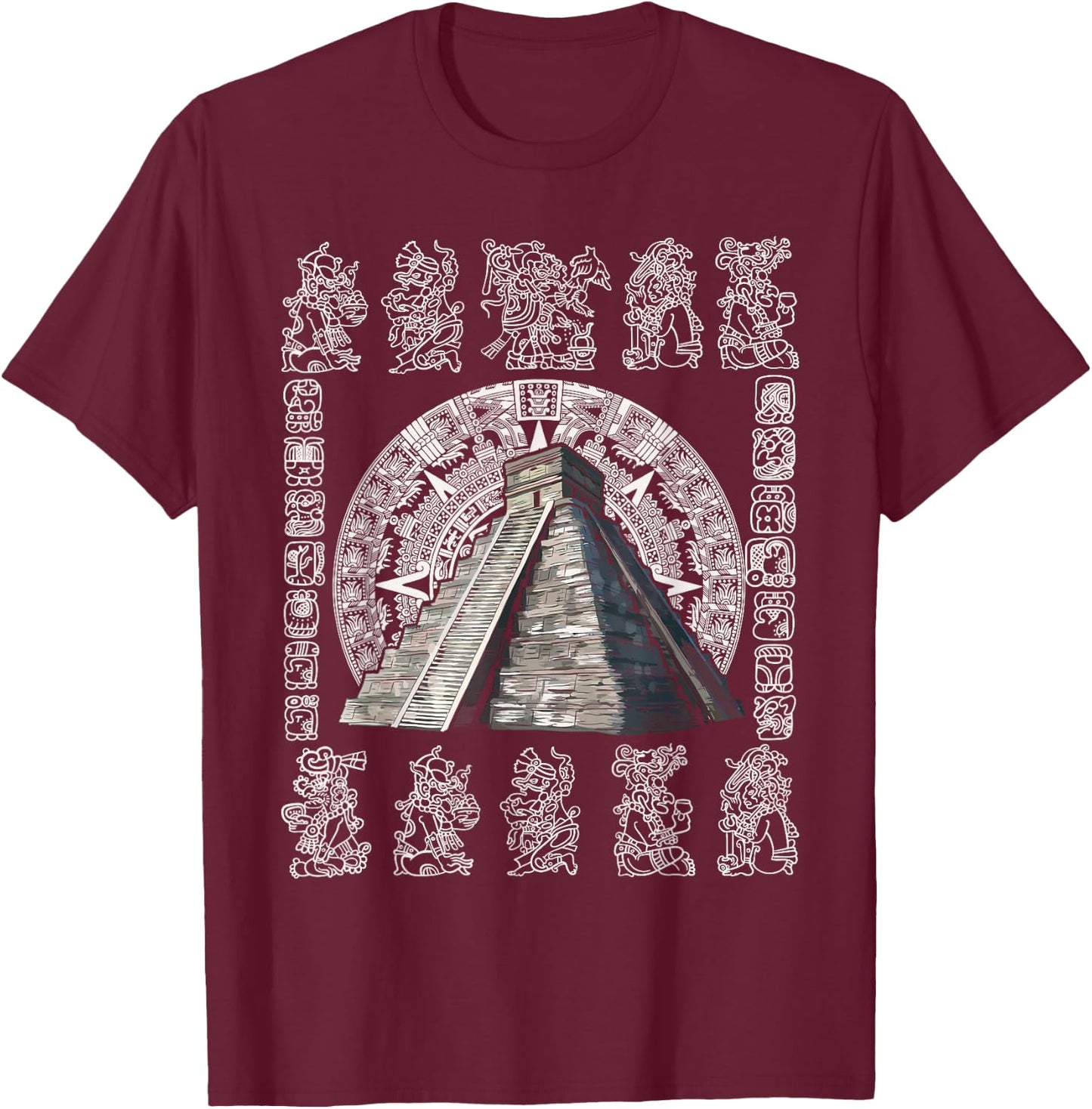 Ancient Sacred Mayan Aztec Calendar Pyramid Geometry T-Shirt - T-Shirt | Maroon