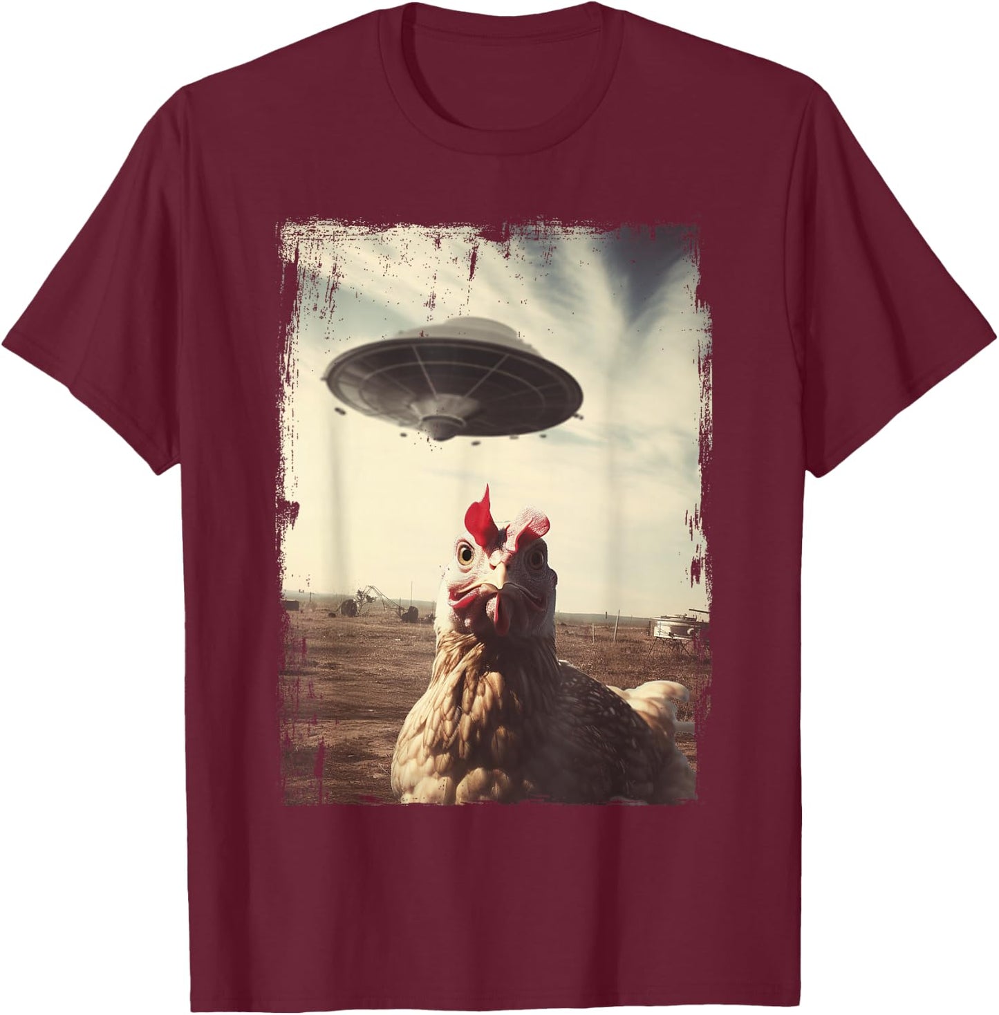 Weirdcore Chicken UFO Landing Graphic T-Shirt - T-Shirt | Maroon