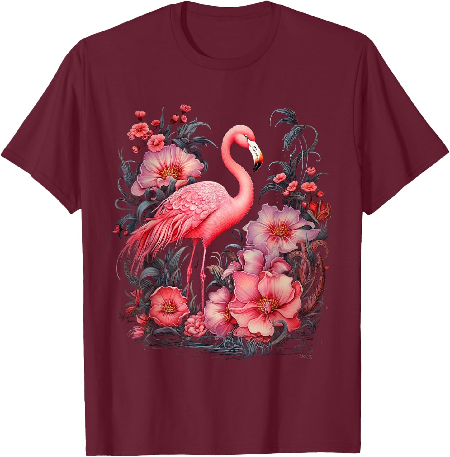 Flamingo and Flowers Floral Flamingos pink T-Shirt - T-Shirt | Maroon