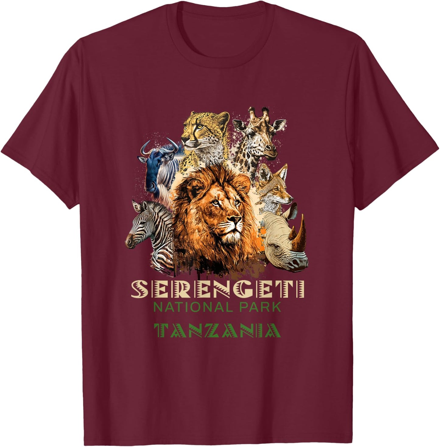 African Serengeti National Park Animal Safari Tanzania , Black, S T-Shirt - T-Shirt | Maroon