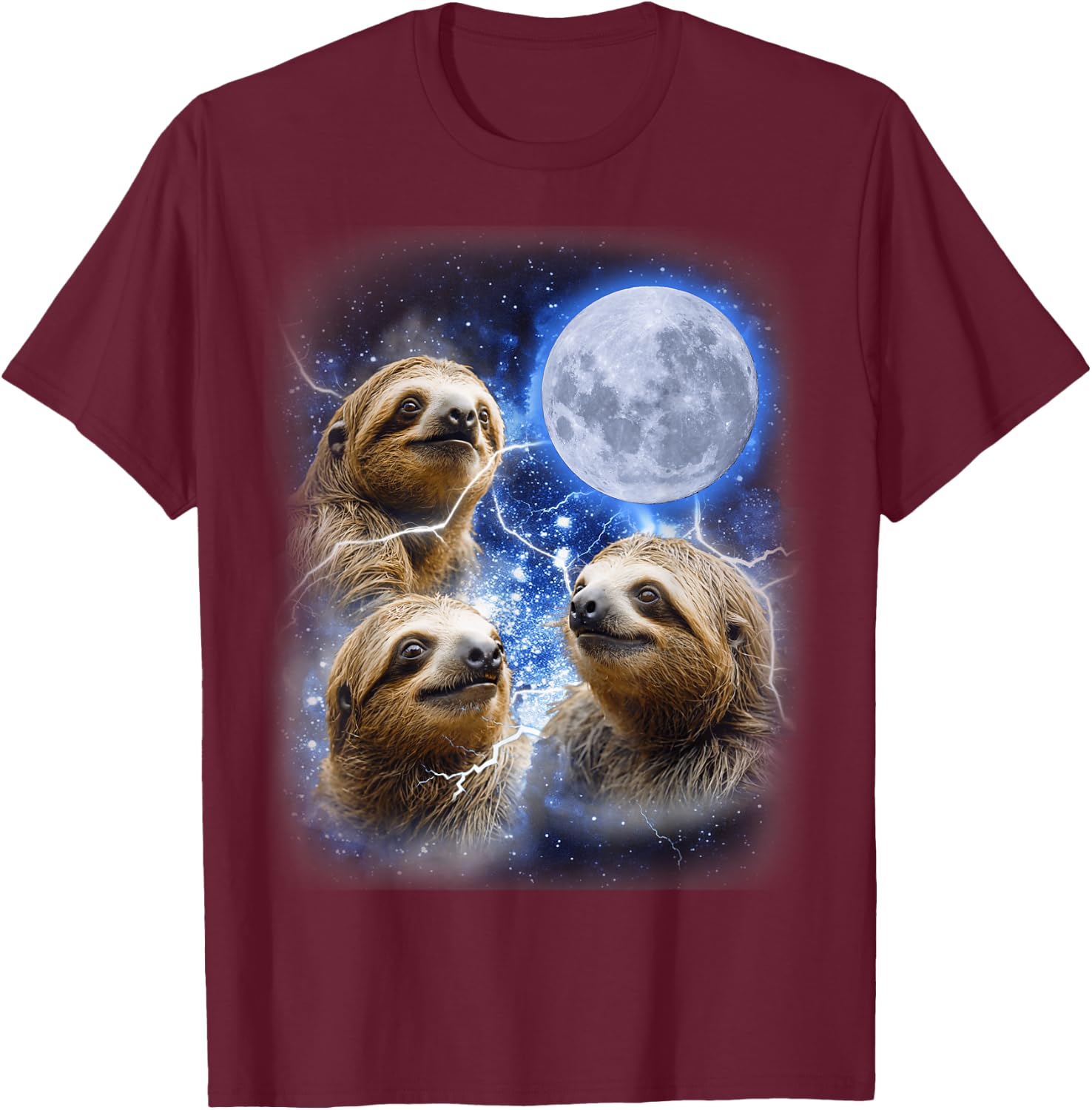Three Sloth Moon - Funny 3 Lazy Animals Howling Parody Meme T-Shirt - T-Shirt | Maroon