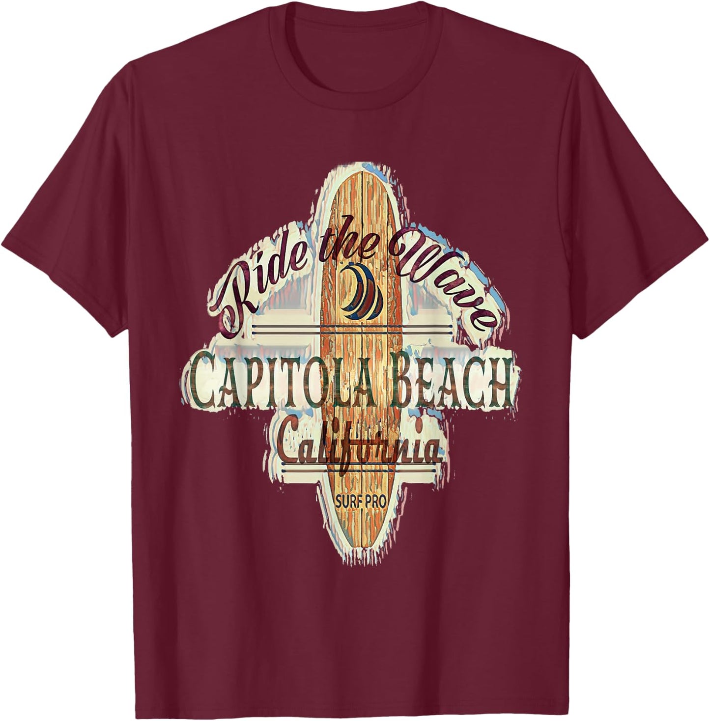 Surfing, Surfboard, Distressed Longboard Capitola Beach T-Shirt - T-Shirt | Maroon