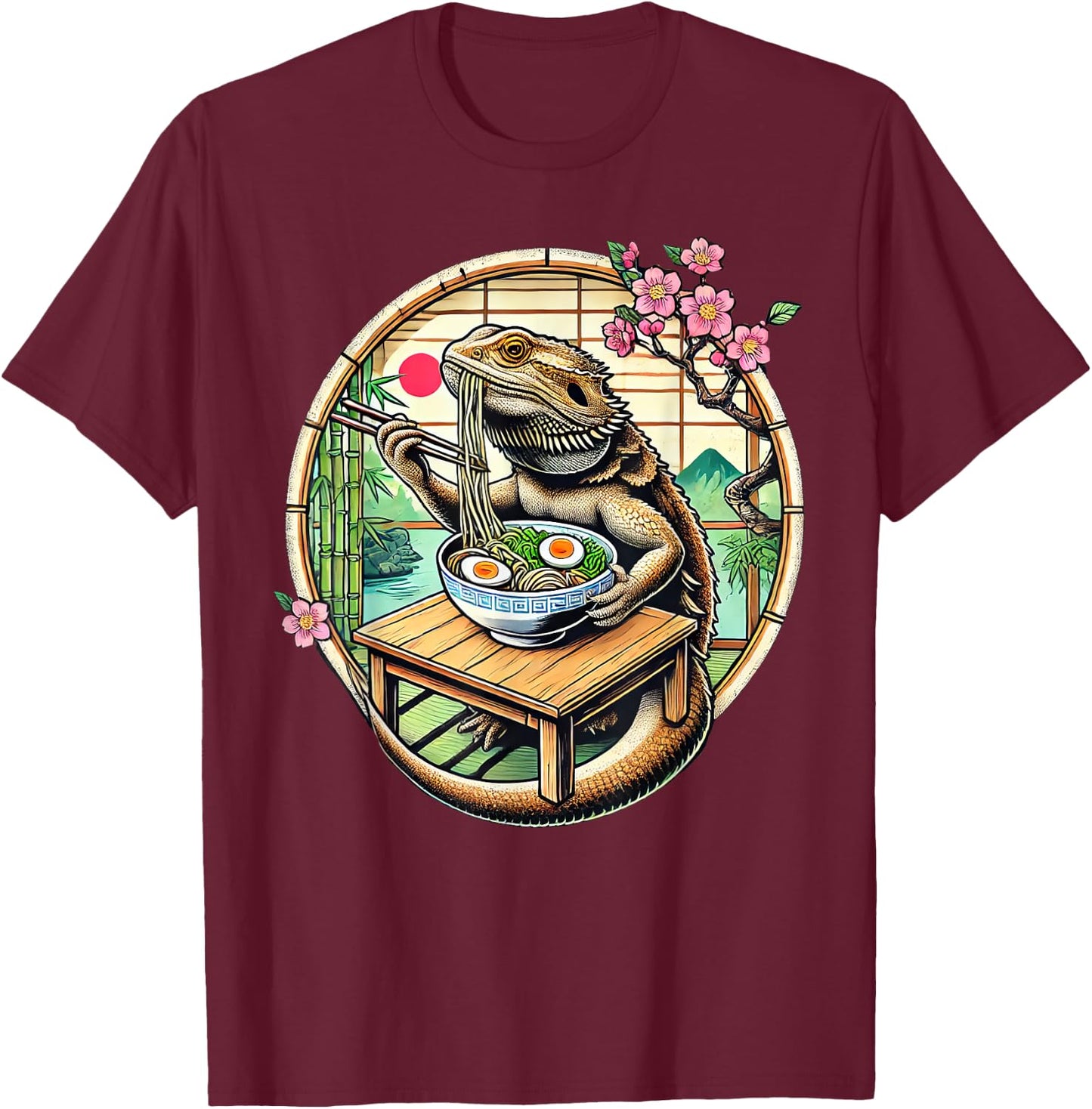 Kawaii Bearded Dragon Eating Ramen Noodles Japanese T-Shirt - T-Shirt | Maroon