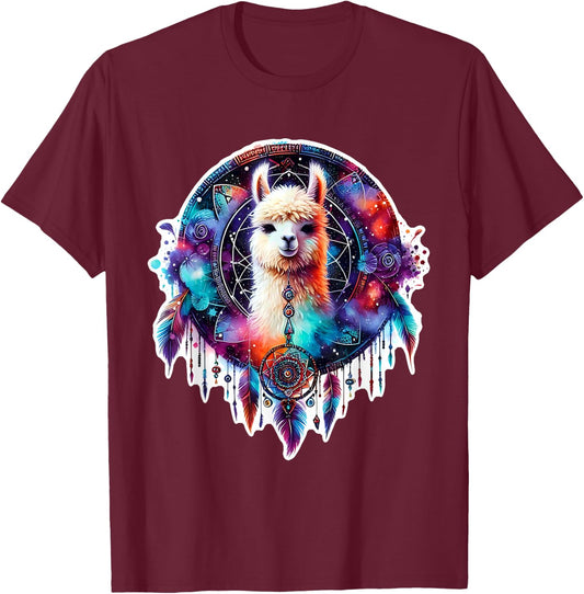Llama Alpaca Dreamcatcher Floral Spiritual Boho Tribal T-Shirt - T-Shirt | Maroon