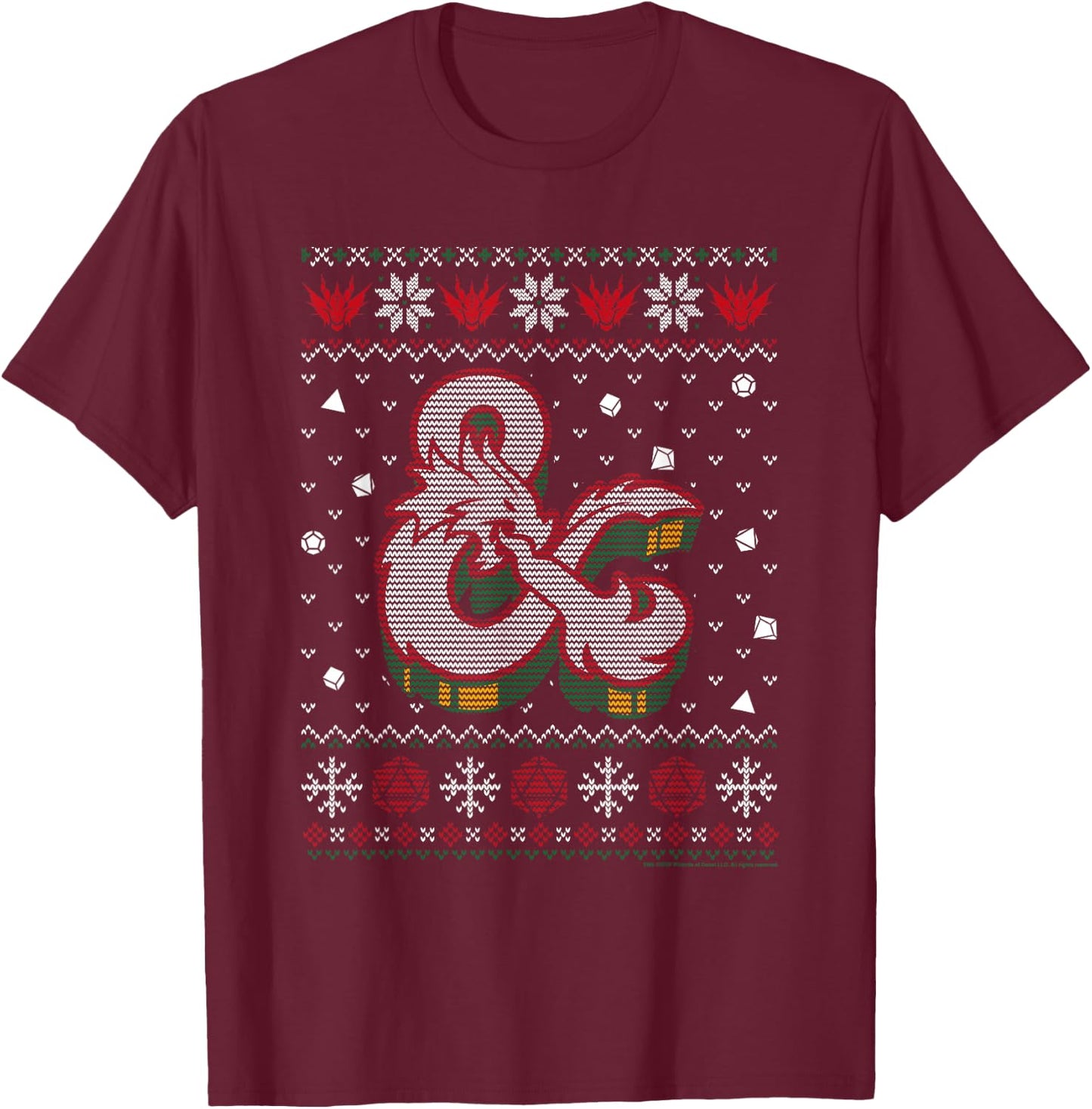 Dungeons & Dragons Ampersand Dragon Christmas Knit Pattern T-Shirt - T-Shirt | Maroon