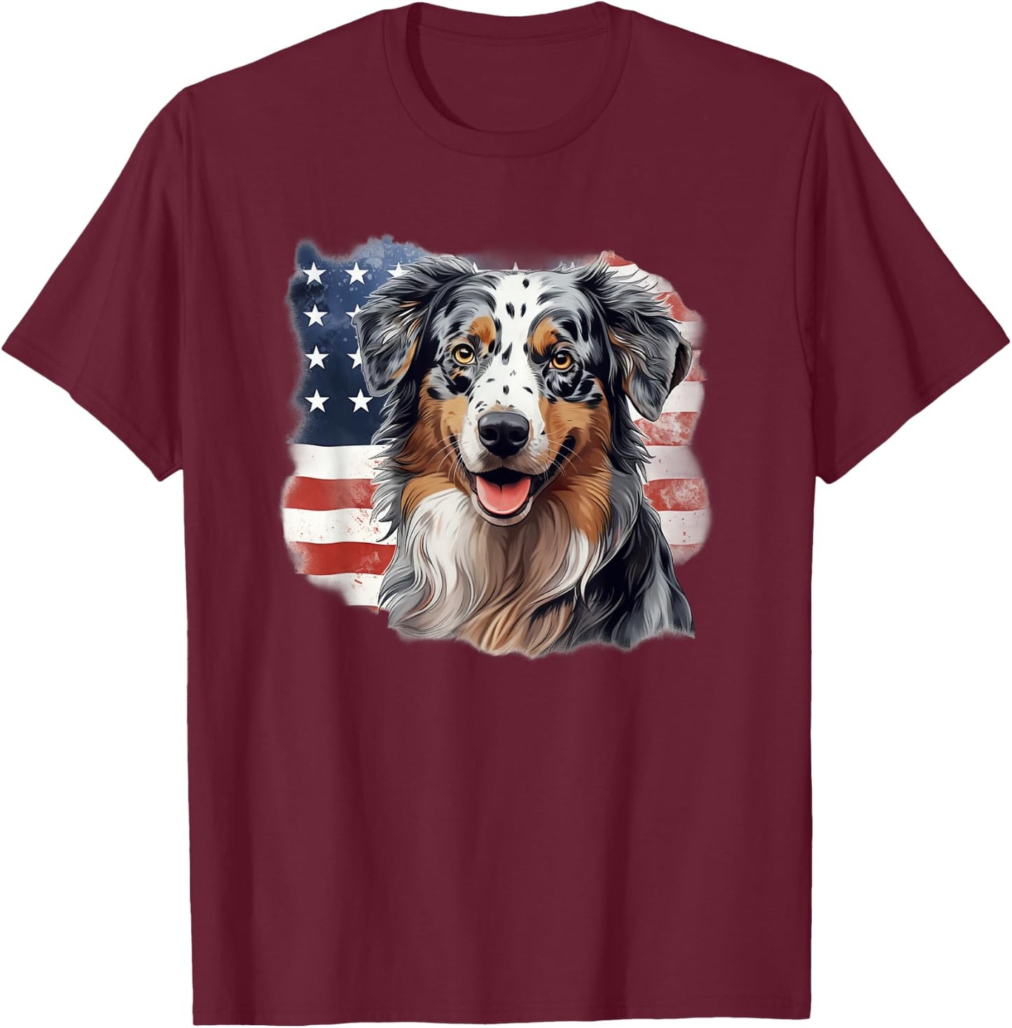 USA Flag 4th July Patriotic American Blue Merle Aussie Lover T-Shirt - T-Shirt | Maroon