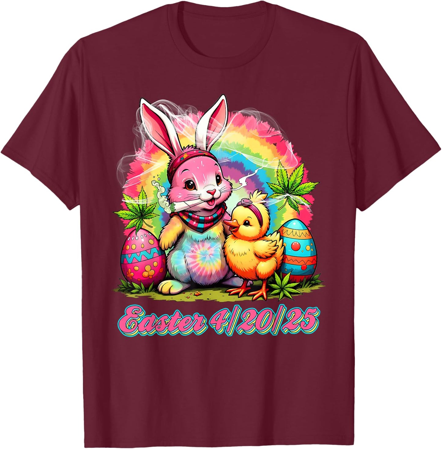 Happy 420 Easter Bunny Smoking Weed Funny Men Women T-Shirt - T-Shirt | Maroon