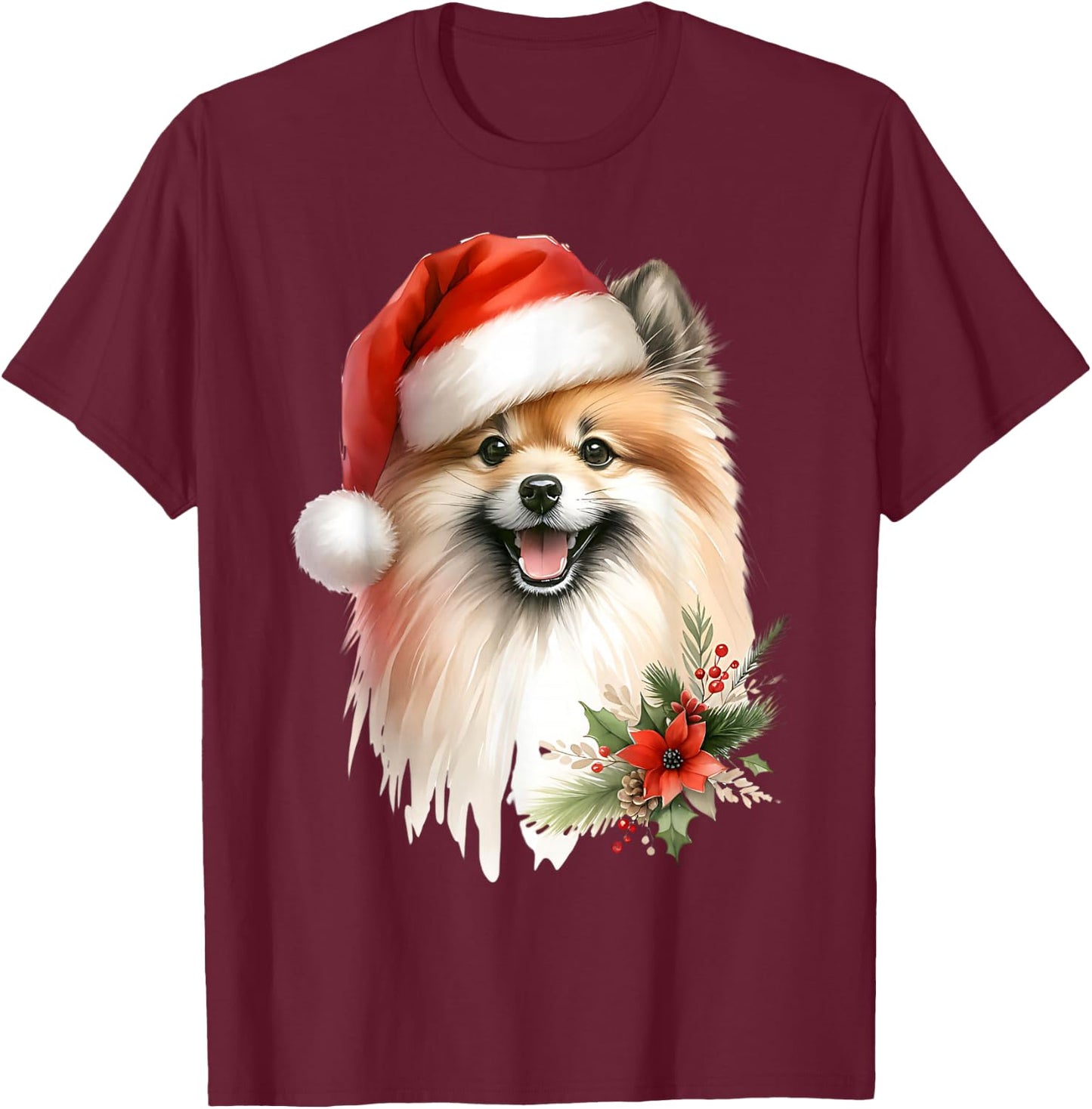 Watercolor Illustration Dog German Spitz Christmas , Black, S T-Shirt - T-Shirt | Maroon