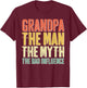 Grandpa The Man The Myth The Bad Influence Shirt Fathers Day T-Shirt - T-Shirt | Maroon