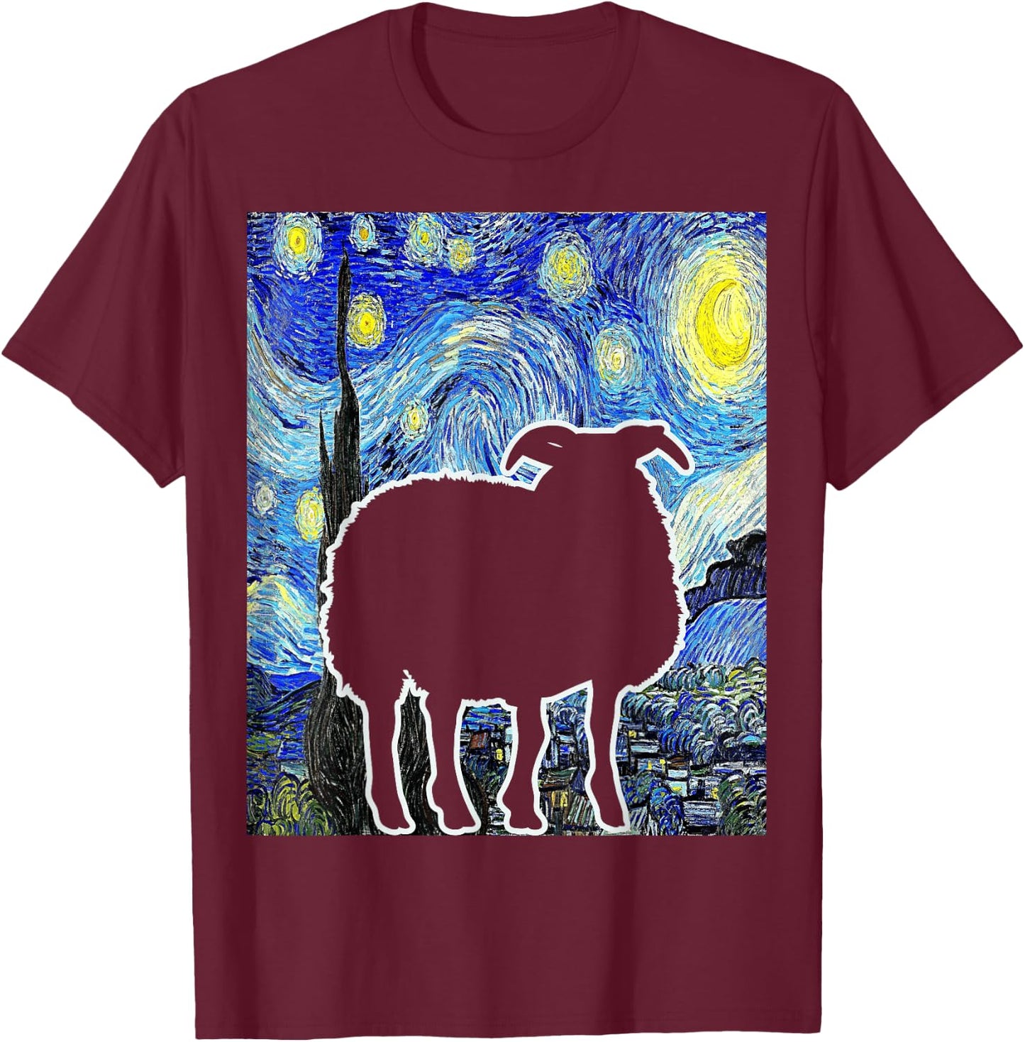 Sheep Starry Night Van Gogh Funny Sheep Farmer Lamb T-Shirt - T-Shirt | Maroon