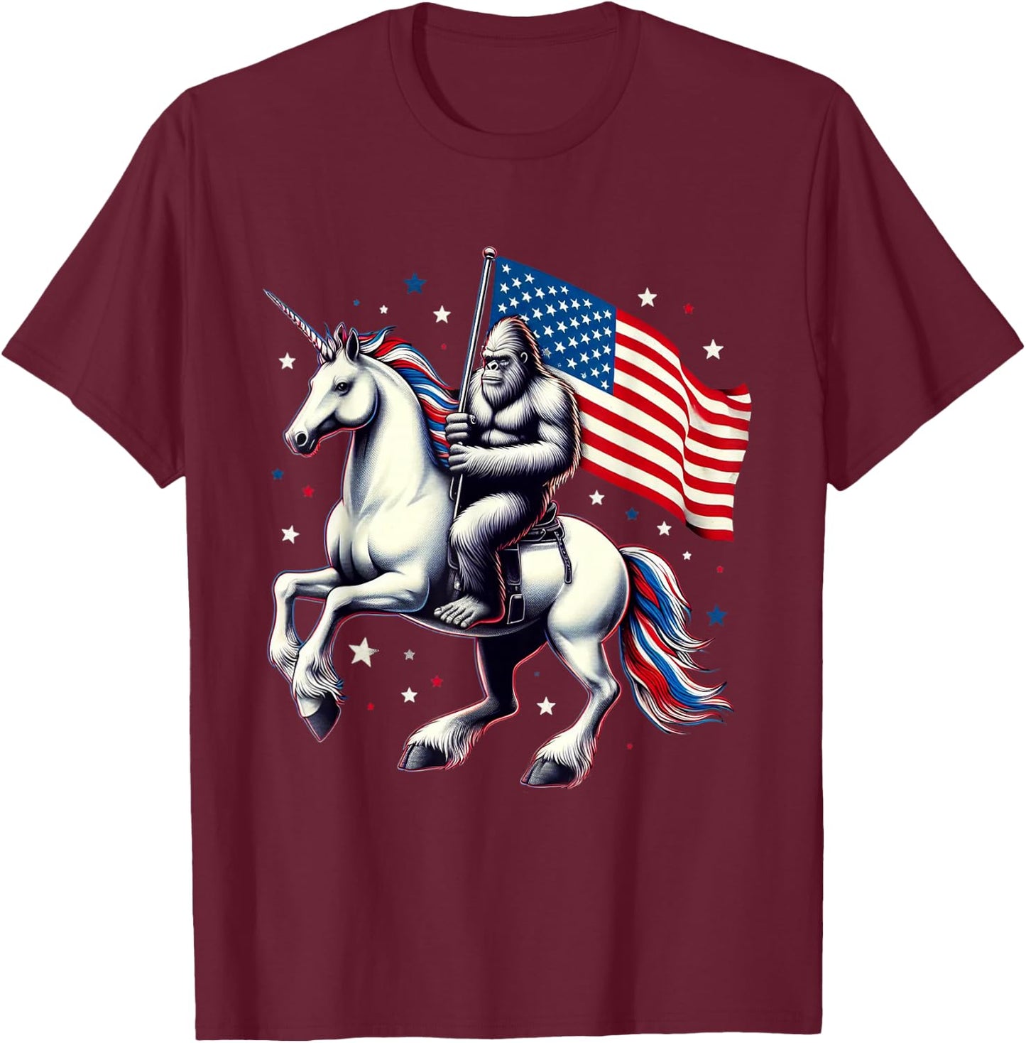 Bigfoot Sasquatch Riding Unicorn 4th Of July American Flag T-Shirt - T-Shirt | Maroon
