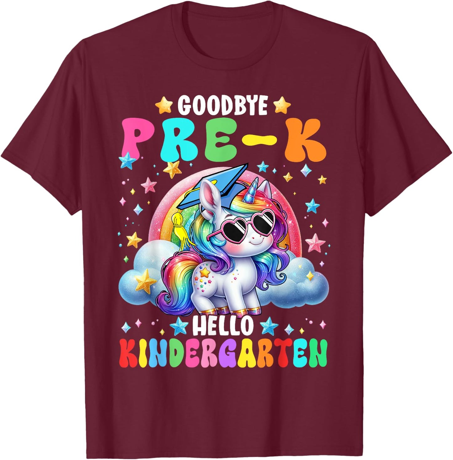 Cute Unicorn Goodbye Pre-K Hello Kindergarten Girls Kids T-Shirt - T-Shirt | Maroon
