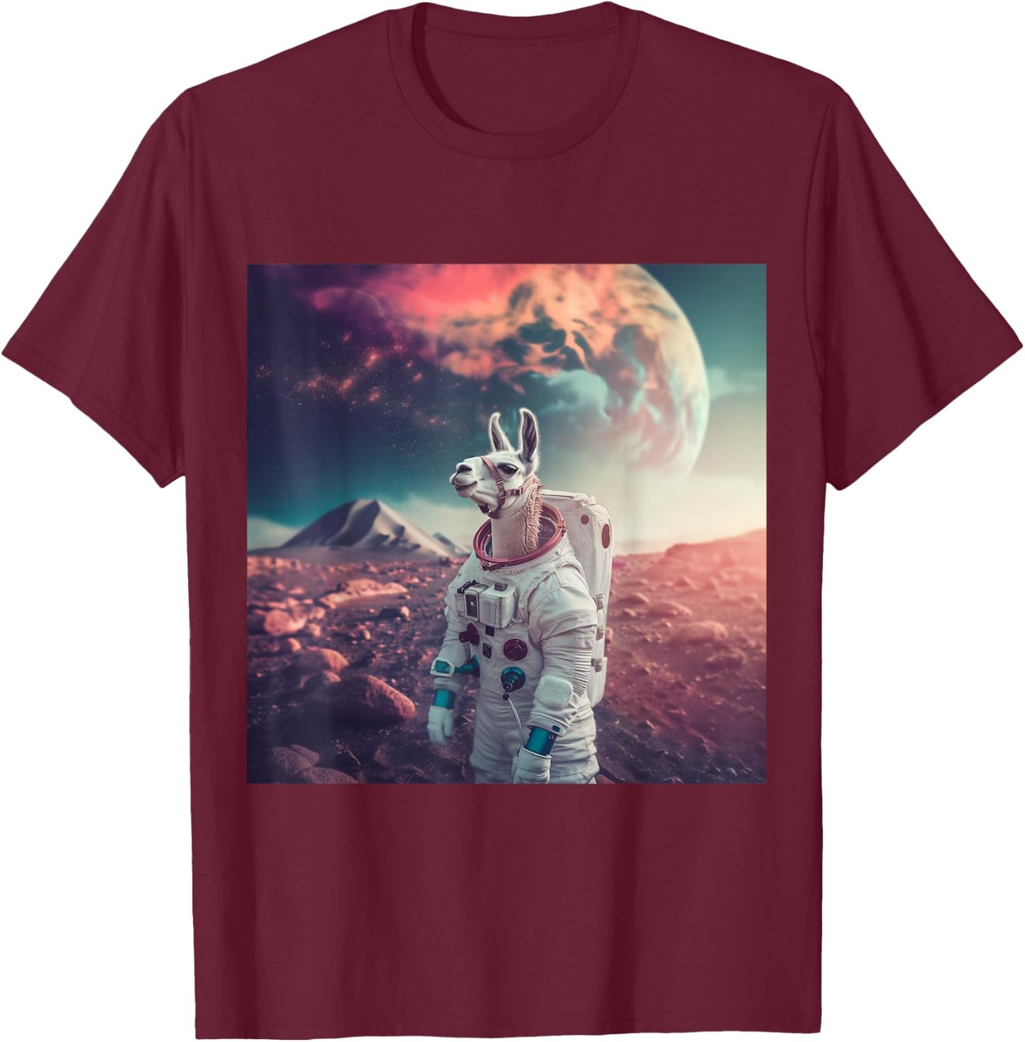 Astronaut Llama in Space T-Shirt - T-Shirt | Maroon
