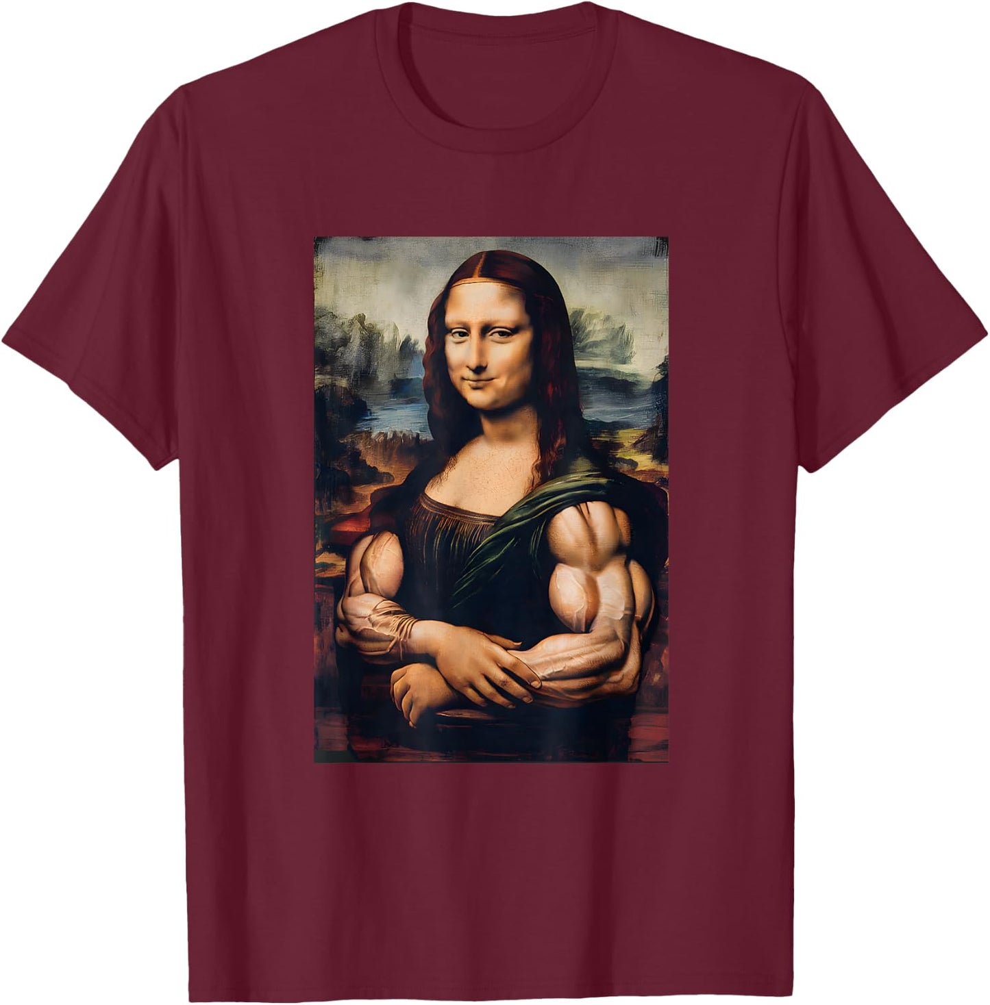 Mona Lisa Bicep Bodybuilding Gym Workout Funny Mona Lisa T-Shirt - T-Shirt | Maroon