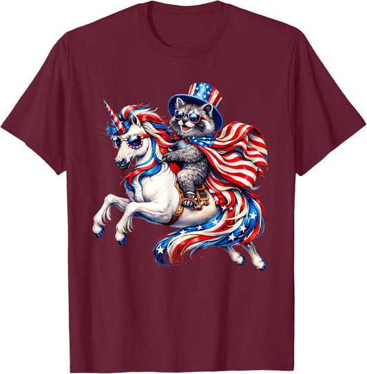 4th of July Raccoon Riding Unicorn USA Flag Boy Girl Kids T-Shirt - T-Shirt | Maroon